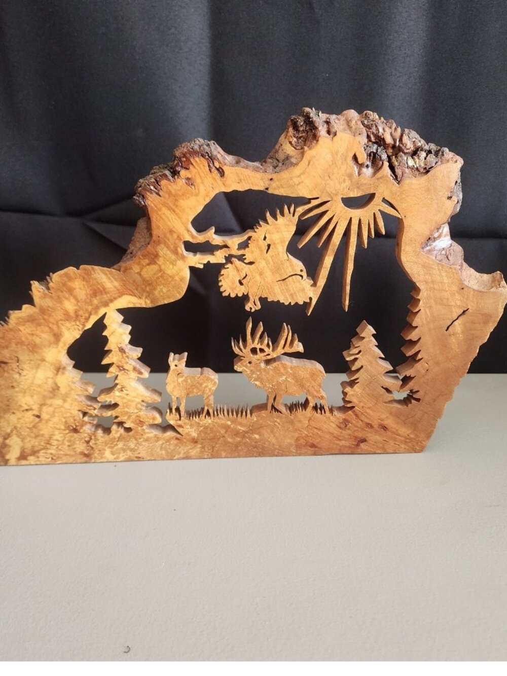 Handcrafted Curly Maple Burl Wood Carving – 3D Wildlife Scene (Elk, Deer, Eagle)